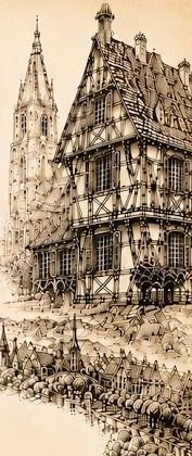 Gravure d'une maison alsacienne, tirée de la carte du restaurant